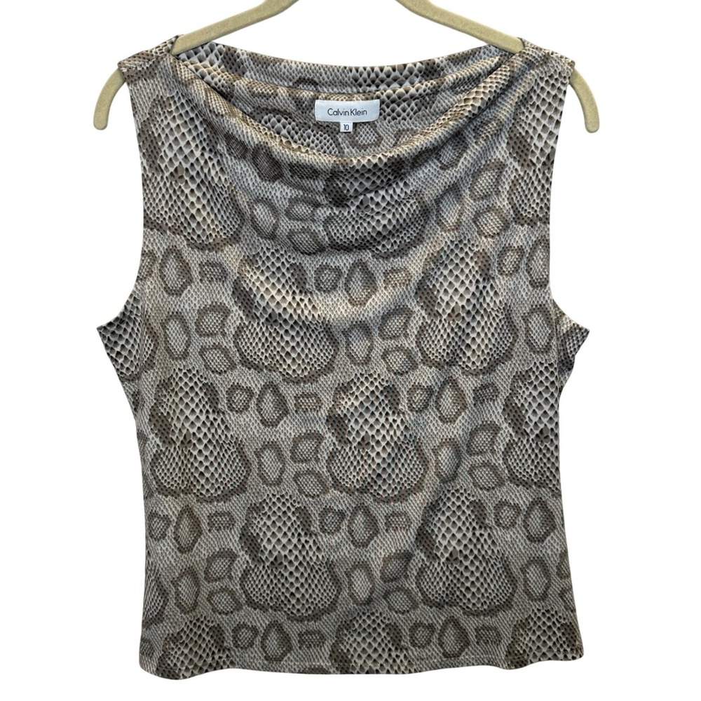 Calvin Klein Womens Snakeskin Print Cowl Neck Sleeveless Top Grey Size 10